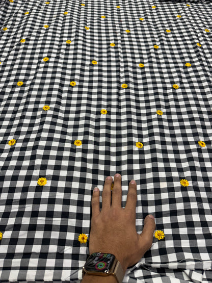 Buy Premium Black & White Gingham Check Embroidered Fabric