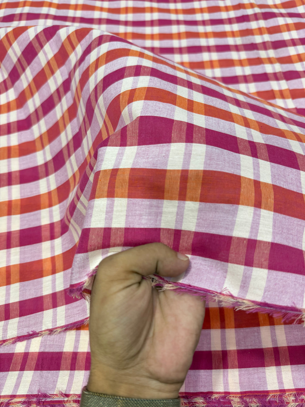 Buy Premium Cotton Madras Check Magenta Orange Fabric