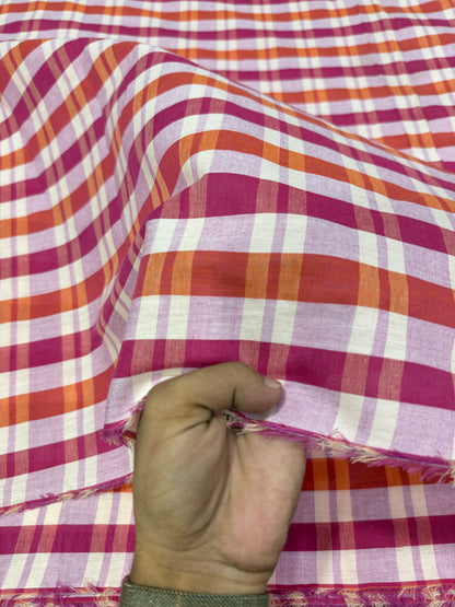 Buy Premium Cotton Madras Check Magenta Orange Fabric