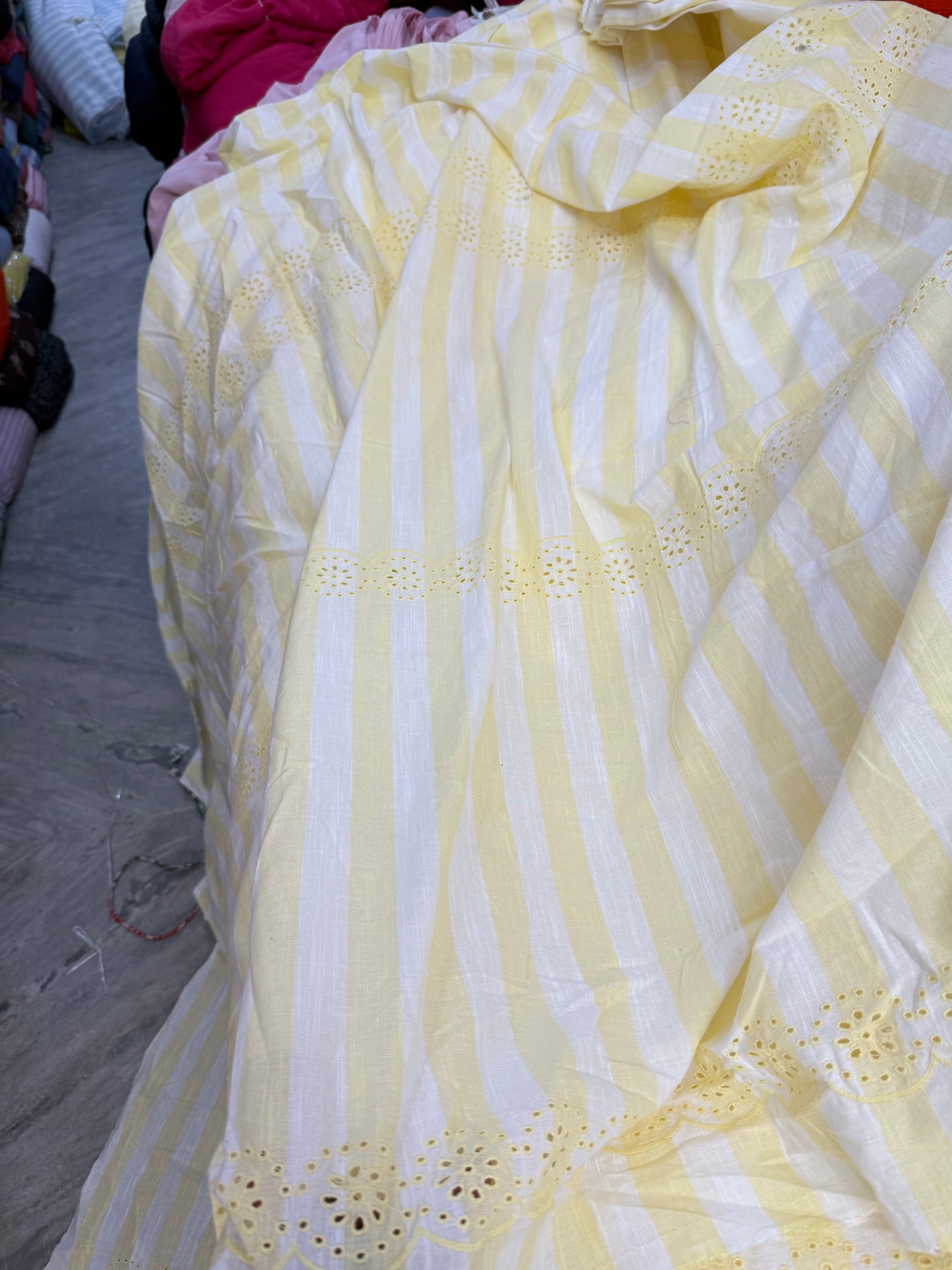 Buy Pure Cotton Linen Yellow and White Stripes Embroidery Fabric with Big Width
