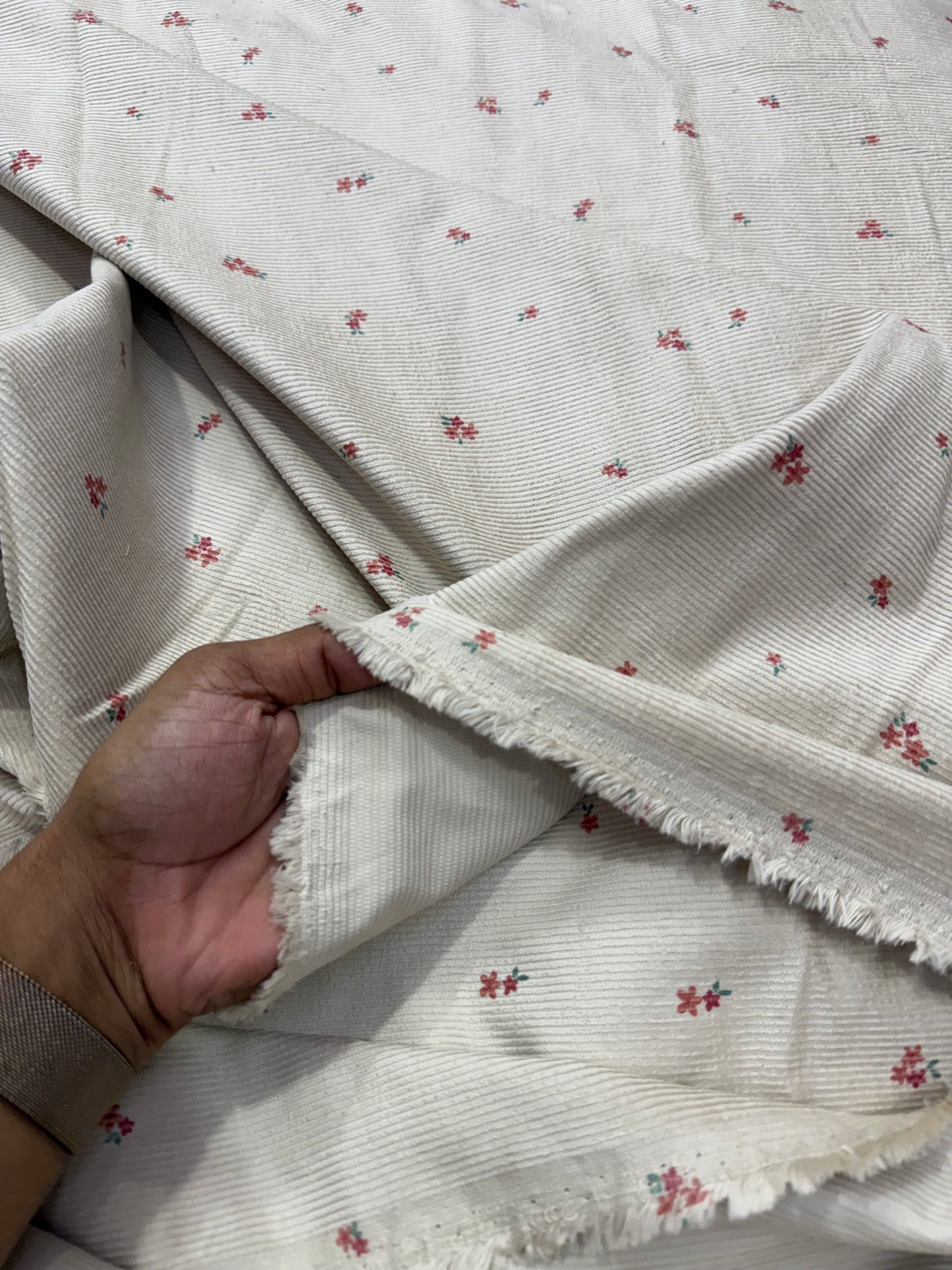 Buy Corduroy Solid Beige Base Floral Print (11 Wale) Fabric