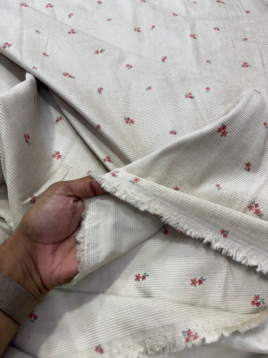 Buy Corduroy Solid Beige Base Floral Print (11 Wale) Fabric
