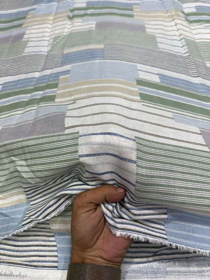 Buy Cotton Linen Sage Blue Patchwork Stripe Fabric