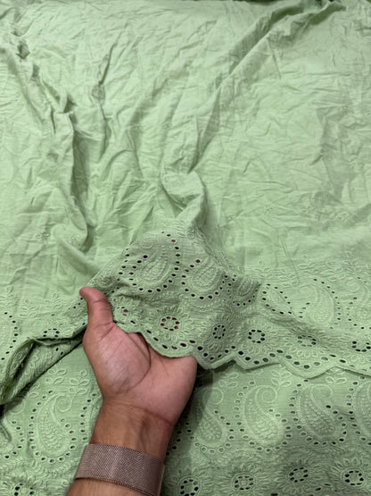 Buy Cotton Hakoba Sage Green Paisley Border Embroidery Fabric - MAF 