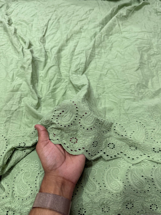Buy Cotton Hakoba Sage Green Paisley Border Embroidery Fabric - MAF 