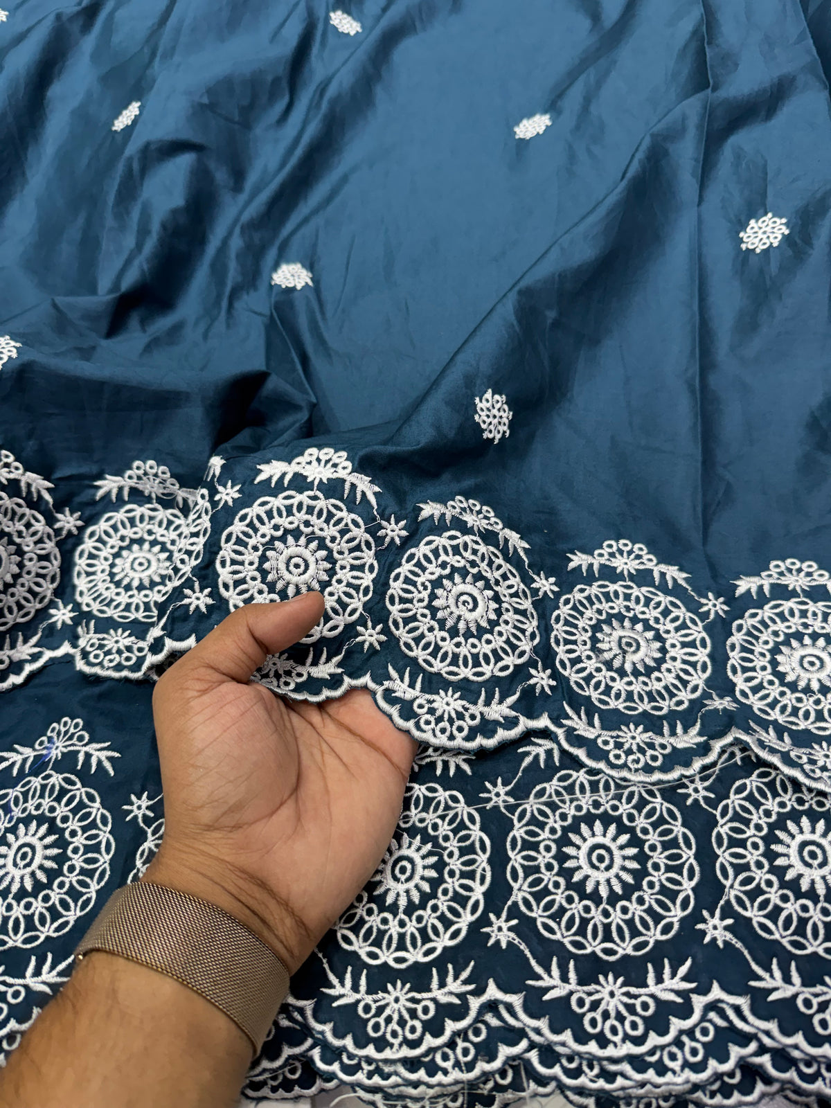 Buy Cotton Poplin Blue Base White Border Embroidery With Flower Work