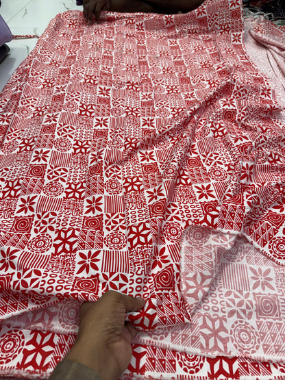 Buy Cotton Poplin Red Square Panel Multi Printed Fabric
