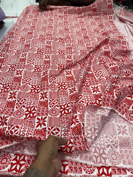 Buy Cotton Poplin Red Square Panel Multi Printed Fabric