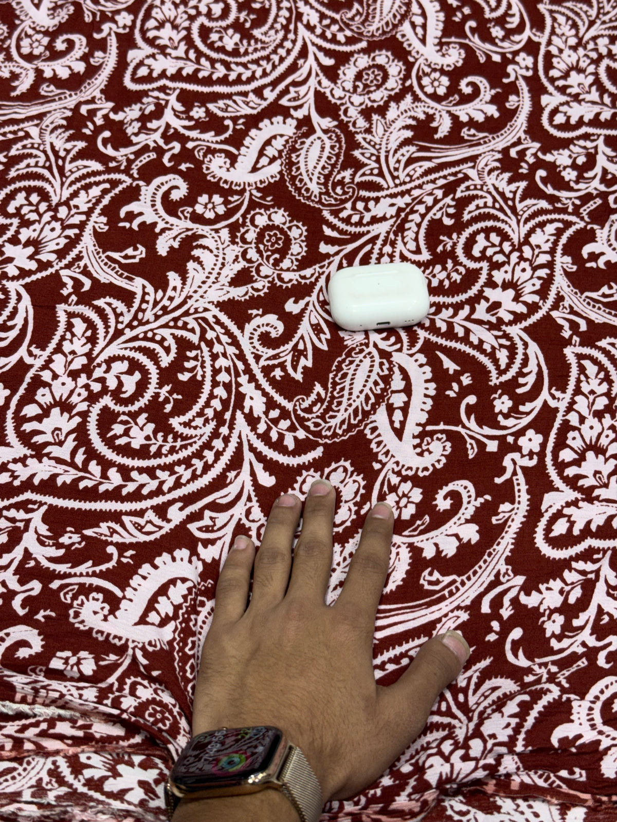 Buy Premium Viscose Rayon Crepe Crinkle Maroon Paisley Print Fabric