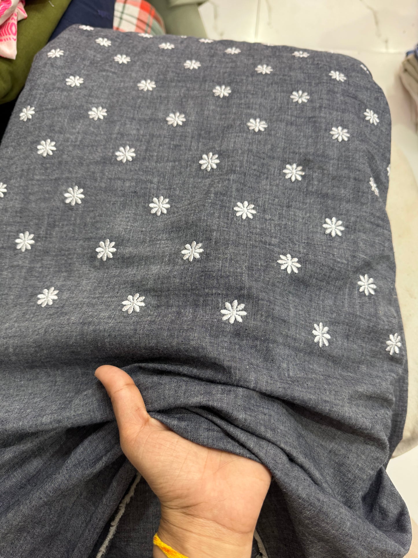 Buy Grey Denim Daisy Flower Embroidery Fabric