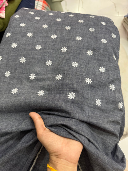 Buy Grey Denim Daisy Flower Embroidery Fabric