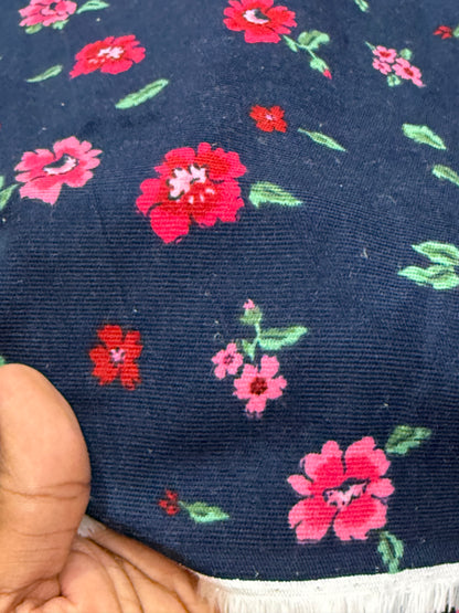 Buy Printed Corduroy Blue Base Red Floral Printed Fabric
