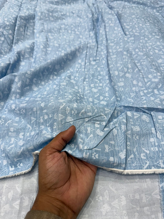 Buy Cotton Poplin Blue Base White Kids Printed Fabric