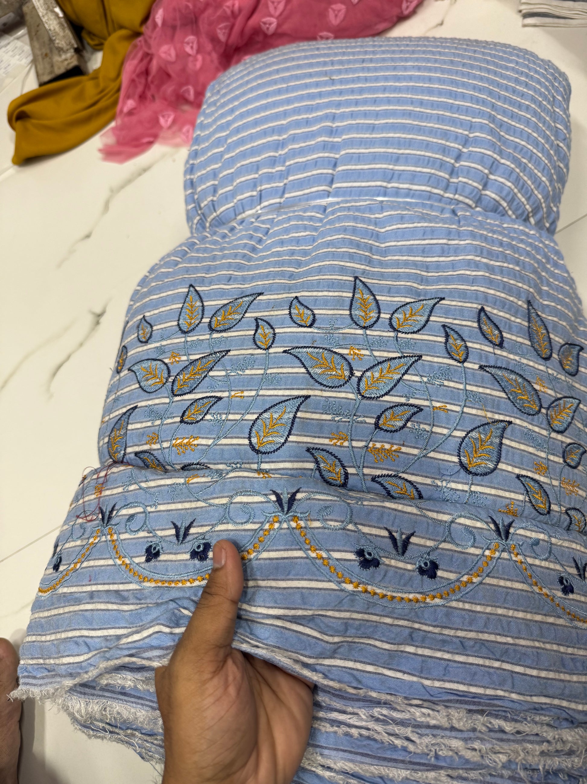 Premium Seersucker Formal Blue Stripe Paisley Border Embroidery Fabric - MAF 