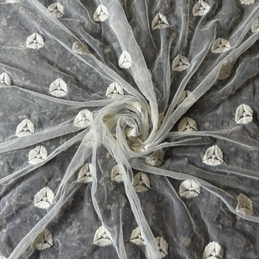 Buy White Mesh Embroidery Trikon Fabric - MAF 