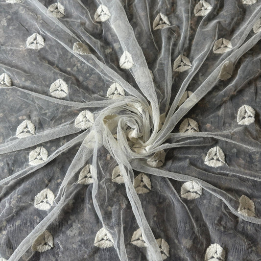 Buy White Mesh Embroidery Trikon Fabric - MAF 