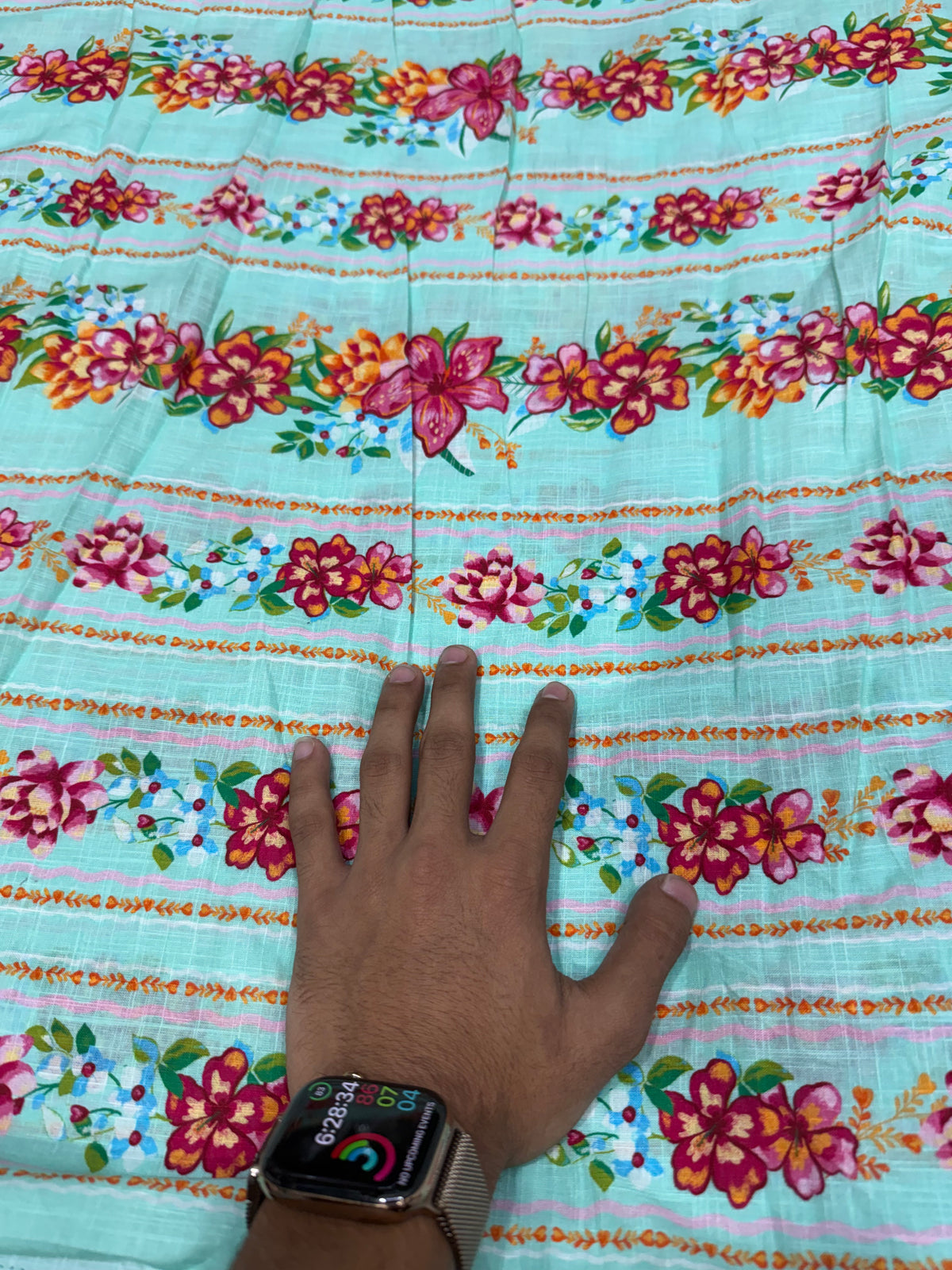 Buy Fine Premium Cotton Slub Sea Green Floral Border Print Fabric