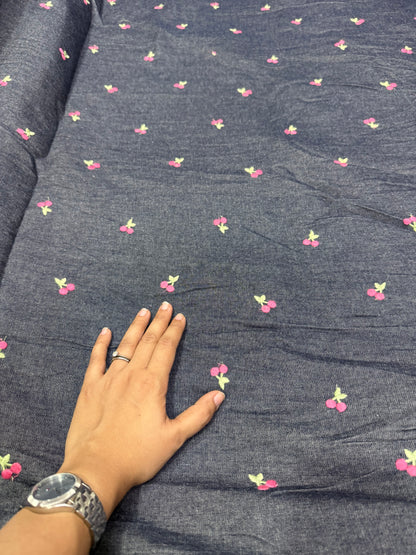 Buy Washed Grey Denim Cherry Embroidery Fabric