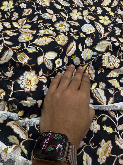 Buy Premium Rayon Black Base Dusty Blue Jacobean Printed Fabric