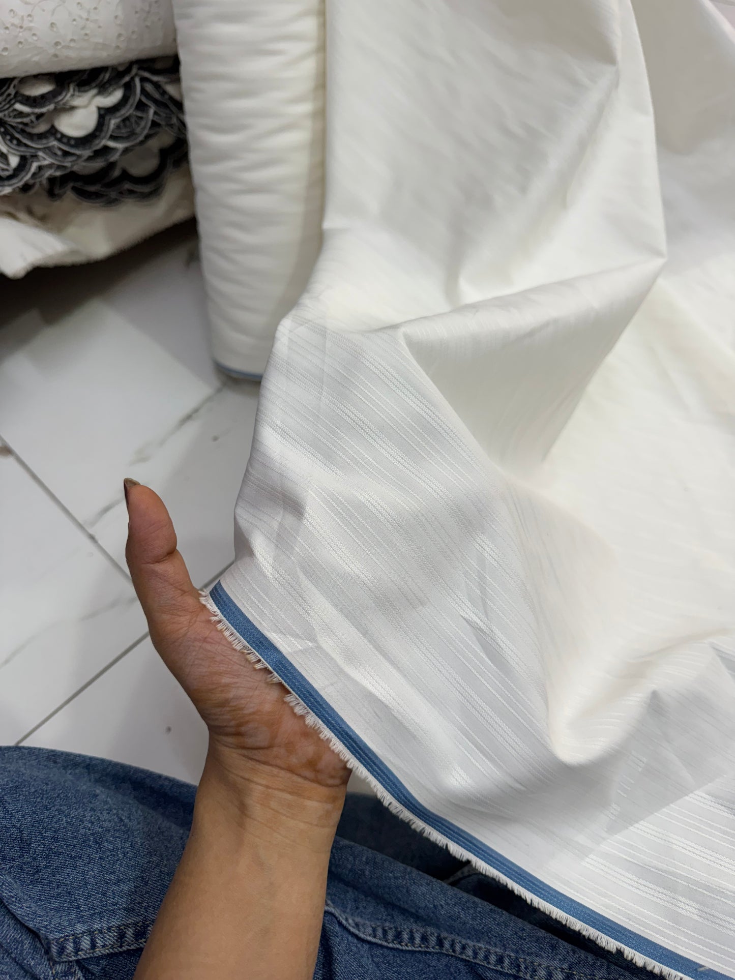 Buy Cotton Silk White Stripe Fabric