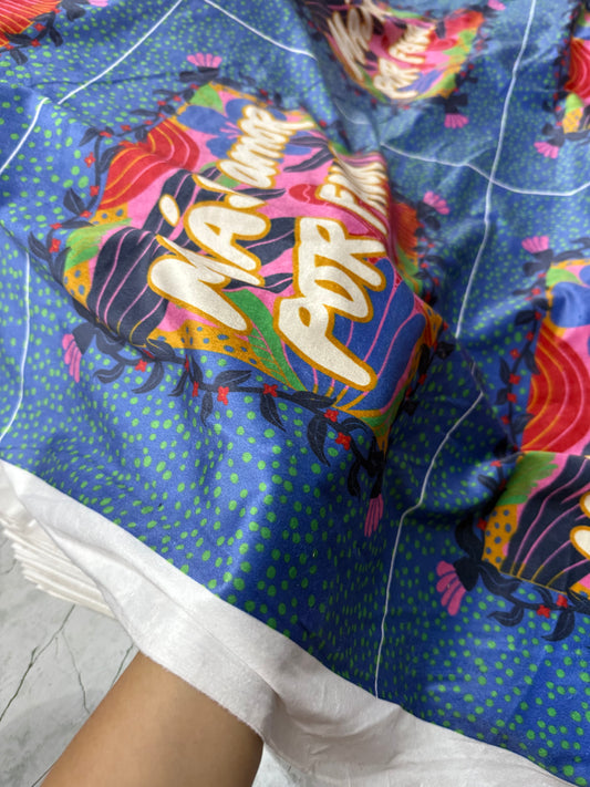 Buy Cotton Velvet Blue Base Typography Printed Fabric - MAF 