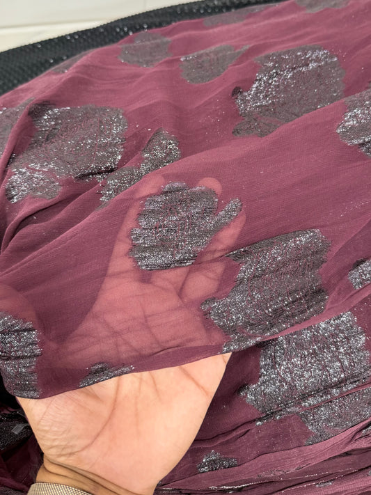 Buy Viscose Chiffon Maroon Base Black Floral Lurex Fabric