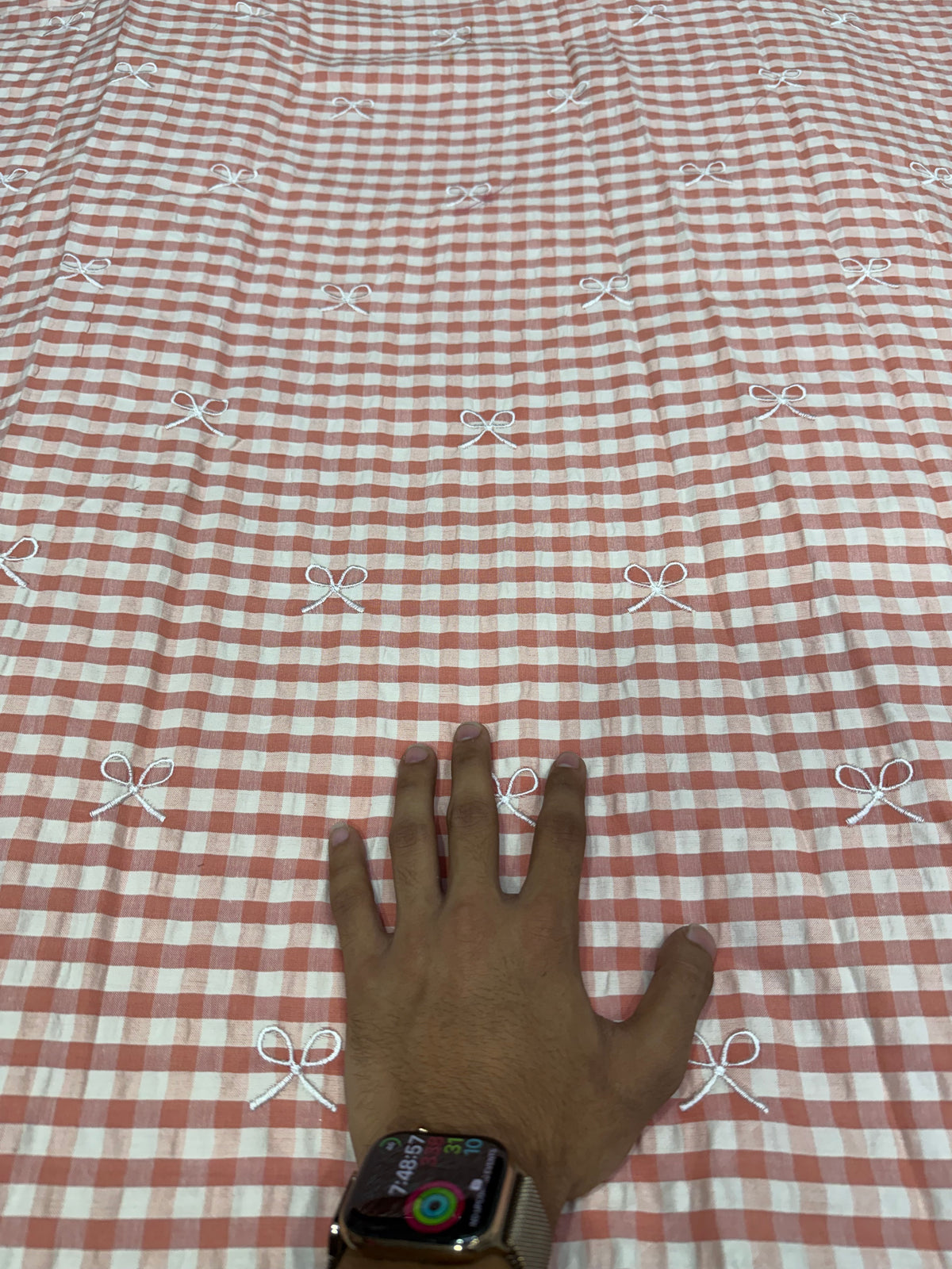 Buy Premium Seersucker Rust Pink Gingham Bow Embroidery Fabric