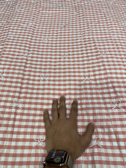 Buy Premium Seersucker Rust Pink Gingham Bow Embroidery Fabric