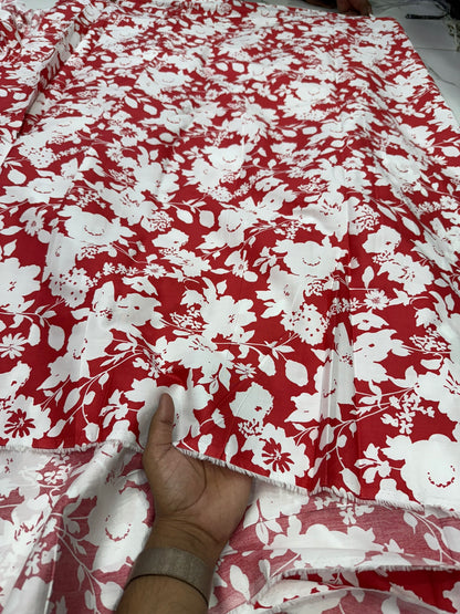 Buy Cotton Poplin Pinkish Red Base White Floral Printed FABRIC
