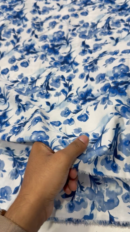 Buy Cotton Poplin Watercolour Indigo Full Floral Printed Fabric