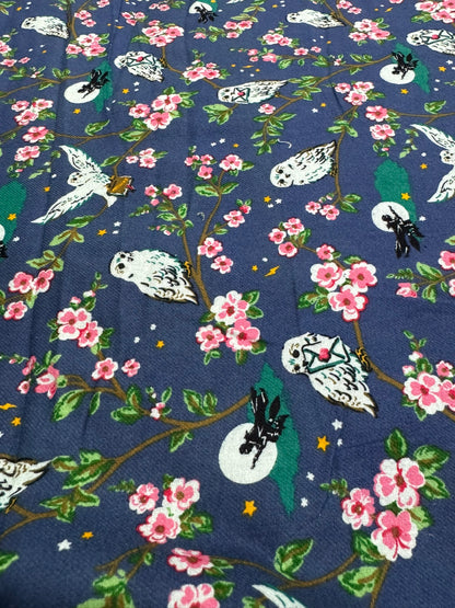 Buy Cotton Twill Blue Base Owl & Floral Printed Fabric