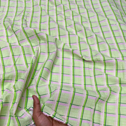Premium Seersucker Neon & Lilac Check Fabric - MAF 