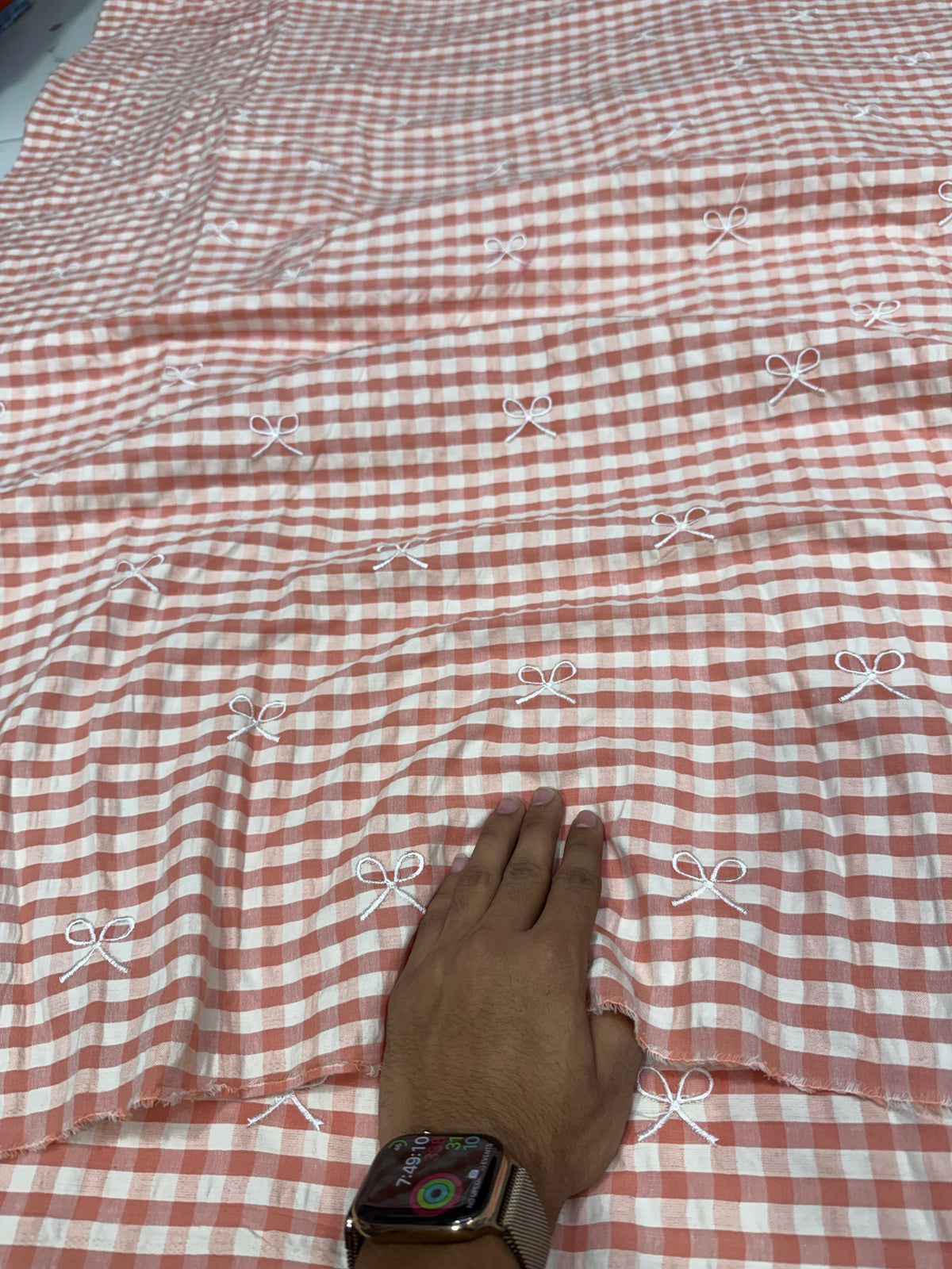 Buy Premium Seersucker Rust Pink Gingham Bow Embroidery Fabric