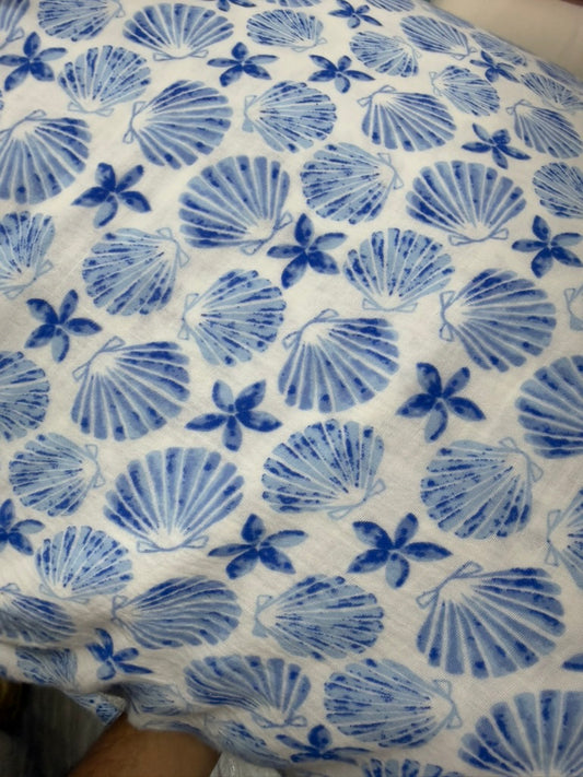 Buy Premium Cotton Double Cloth Blue Shells Print
