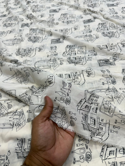 Buy Mul Cotton White Base Kids Print In Black Fabric