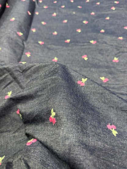 Buy Washed Grey Denim Cherry Embroidery Fabric