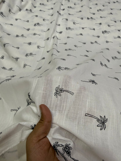 Buy Fine Mul Cotton Slub White Base Coconut Tree Printed Fabric