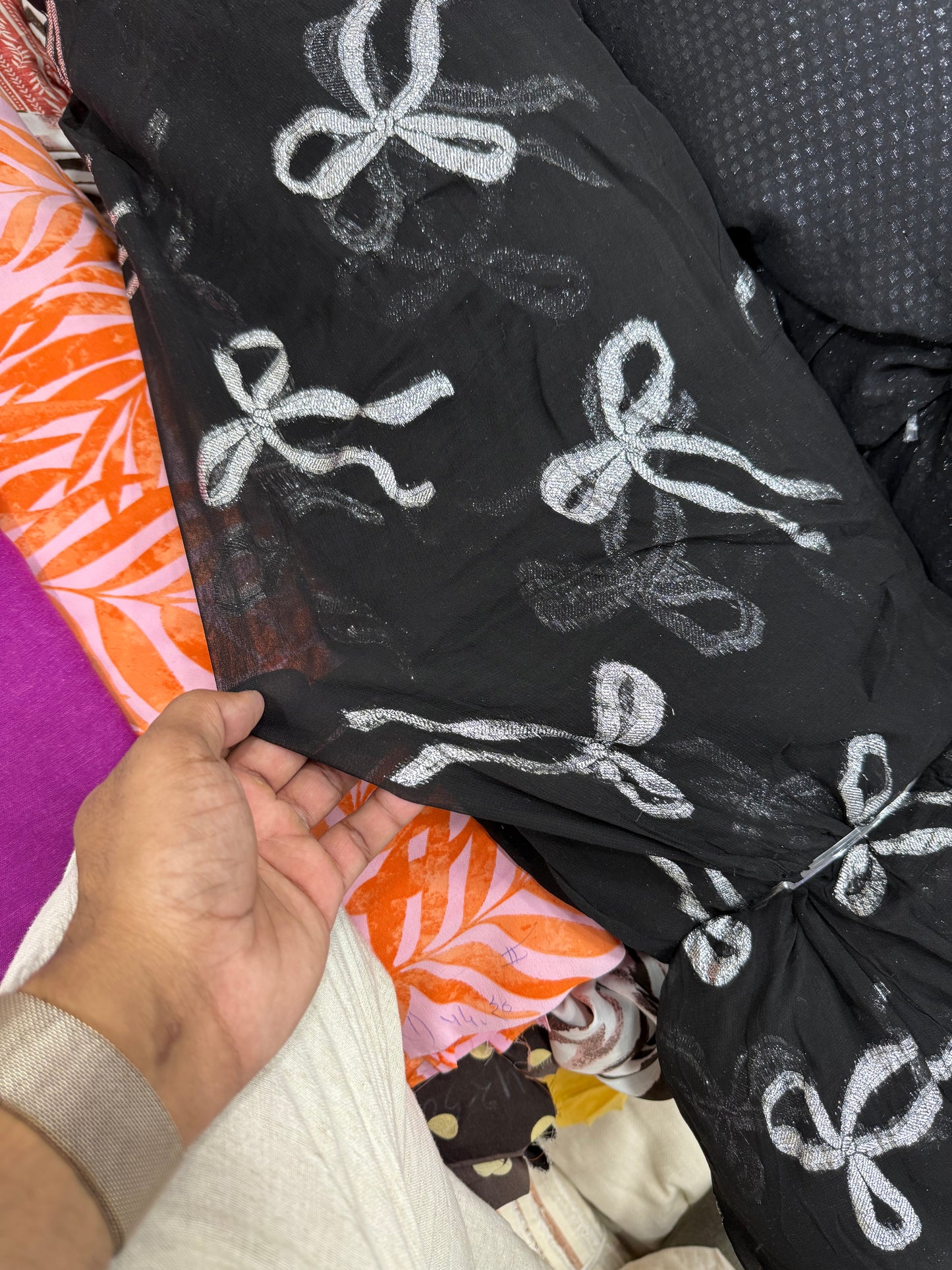 Buy Viscose Chiffon Black Base Lurex Bow Fabric