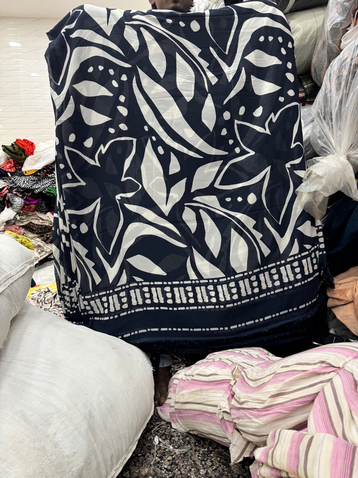 Buy Georgette Blue Base Bold Floral Printed Fabric