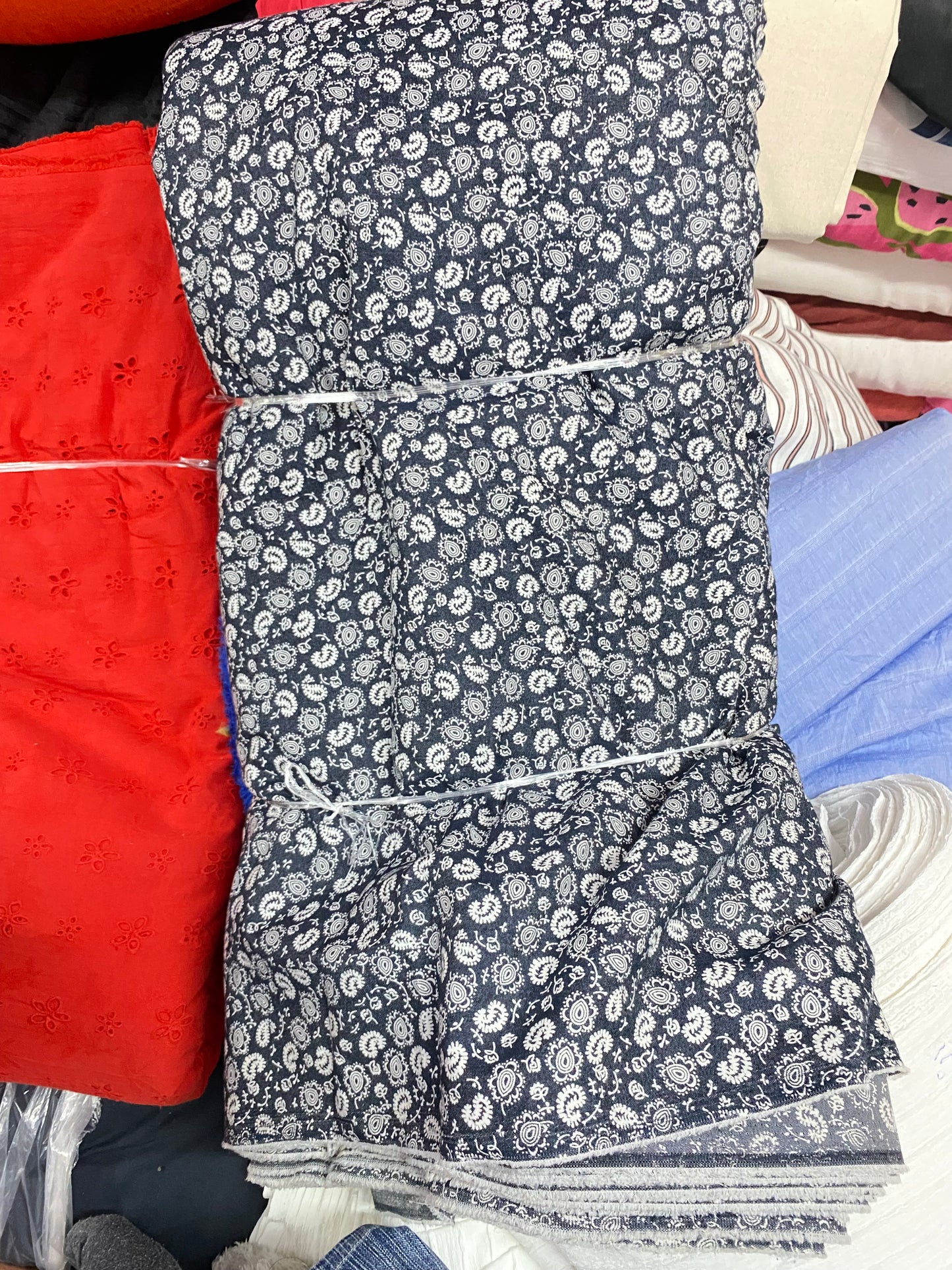 Buy Premium Cotton Denim Shankh Printed Fabric