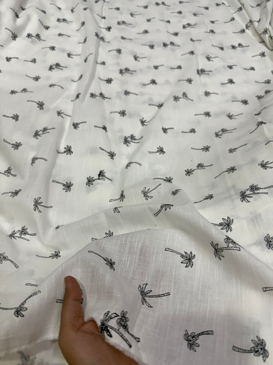 Buy Fine Mul Cotton Slub White Base Coconut Tree Printed Fabric
