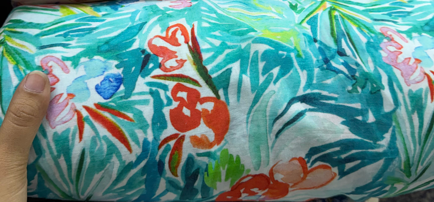 Buy Cotton Sea Blue Long Leaf Abstract Floral Fabric