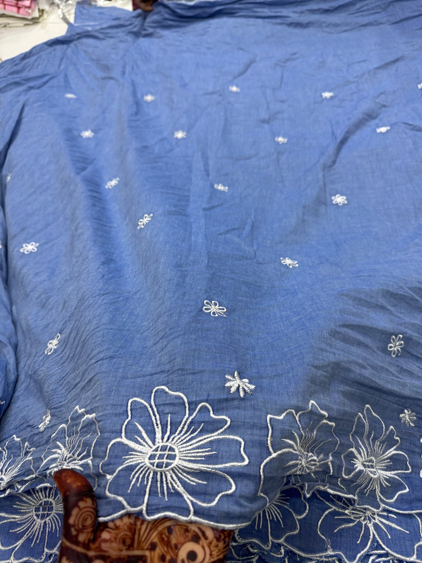 Buy Soft Denim Blue Base White Border Embroidery Fabric