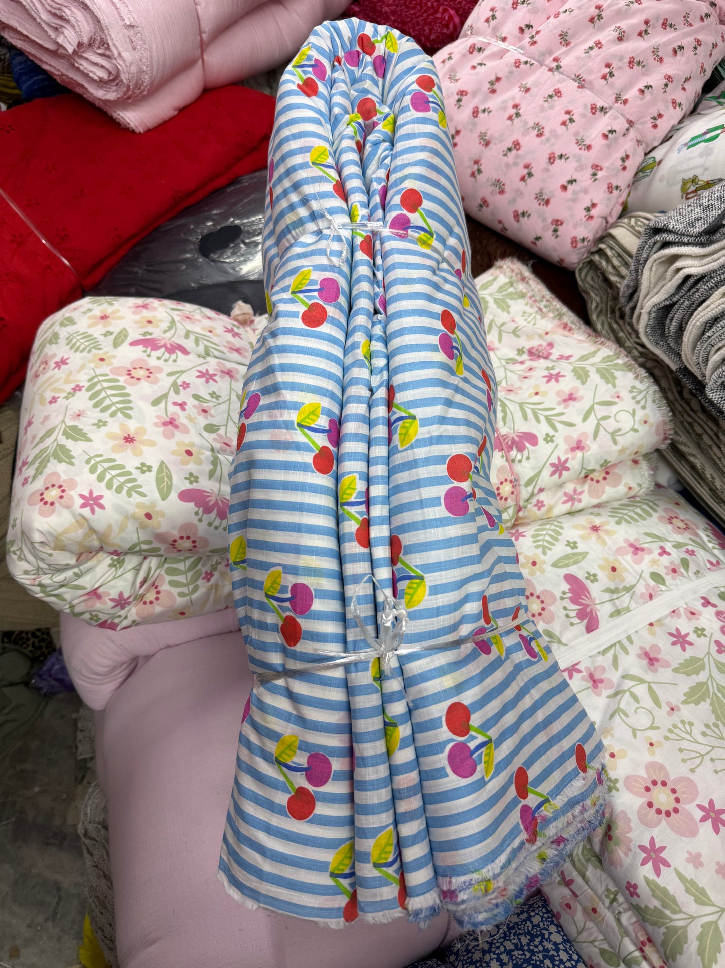 Buy Mul Cotton Blue Stripe Cherry Printed Fabric