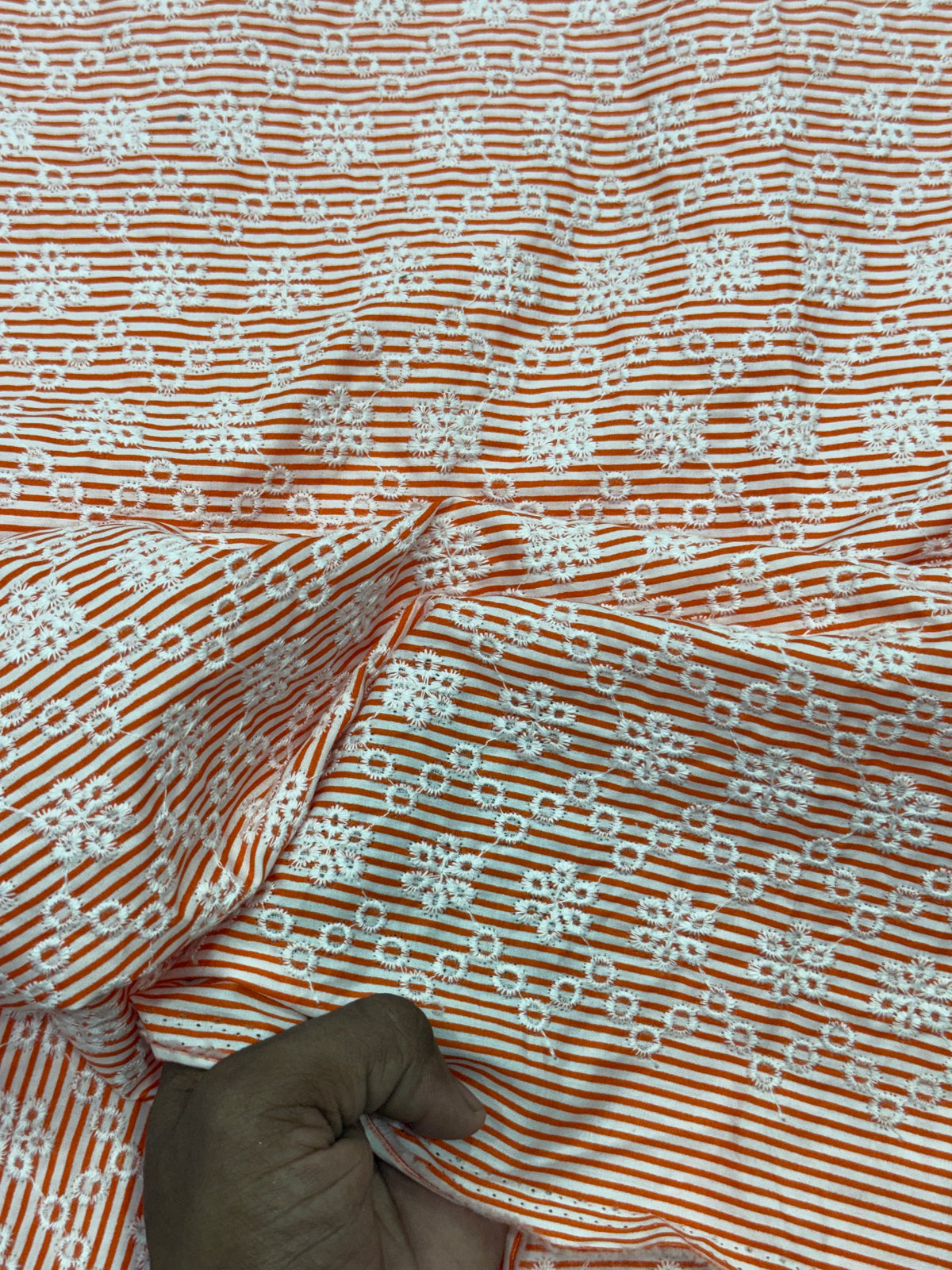 Buy Cotton Schiffli Rust Orange Stripe Embroidered Fabric