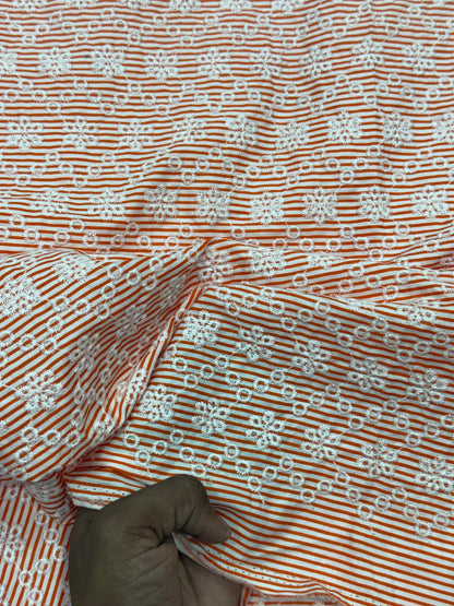 Buy Cotton Schiffli Rust Orange Stripe Embroidered Fabric
