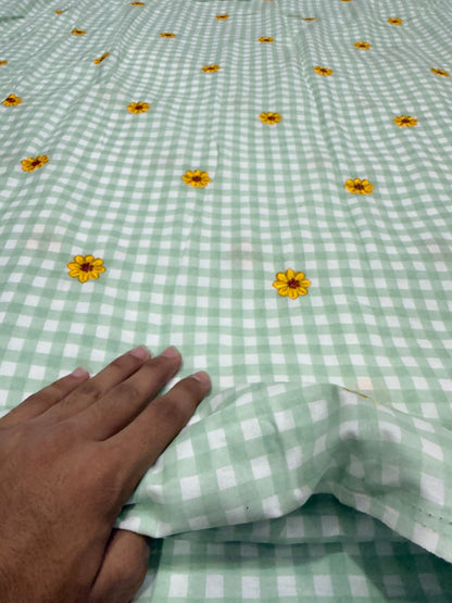 Buy Premium Mint Green Flower Embroidery Gingham Checks Fabric