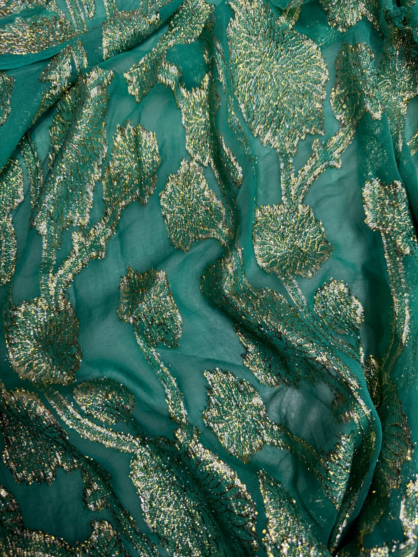 Buy Viscose Chiffon Sea Green Base Floral Damask Lurex Fabric
