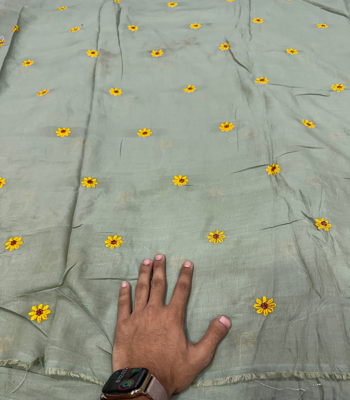 Buy Mul Cotton Viscose Sage Green Mustard Daisy Embroidery Fabric