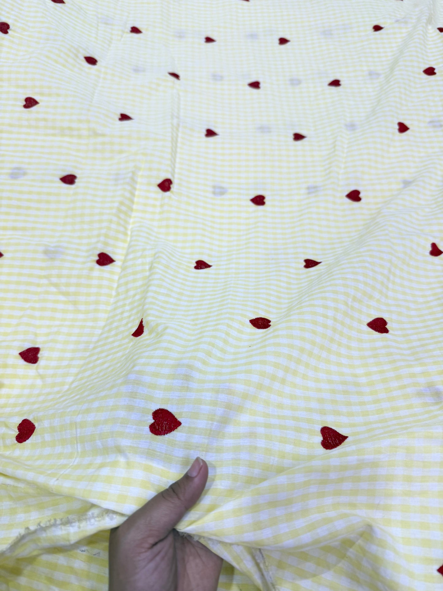Buy Cotton Gingham Yellow Check Red Heart Embroidery Fabric